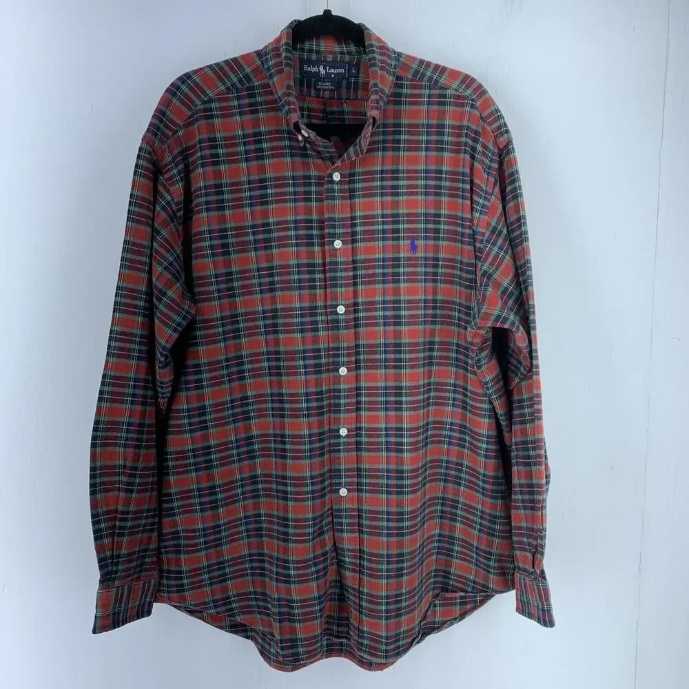Vtg Ralph Lauren Mens Large Blair Plaid‎ Flannel Button Down Shirt Preppy Casual
